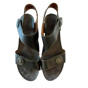 Taos Black Leather Carousel Wedge Sandals W/Cork Heel Size 38 US 8